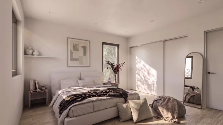 Illustration d’une chambre avec lit double et placard